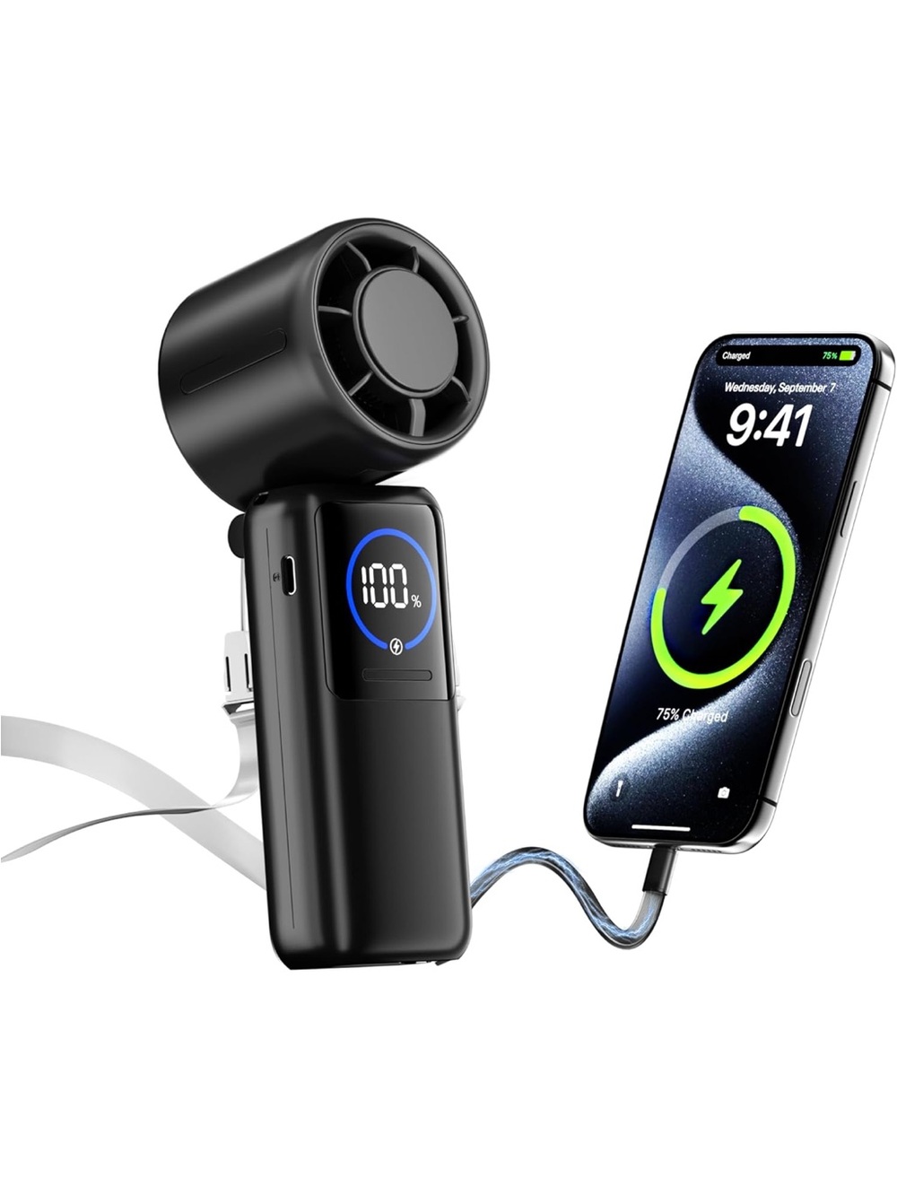 Portable Black USB Fan with Power Display and Phone Charging